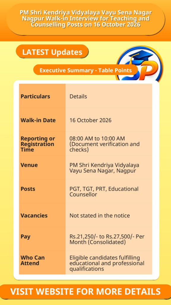 PM Shri Kendriya Vidyalaya Vayu Sena Nagar Nagpur Walk-in Interview for Teaching and Counselling Posts on 16 October 2026