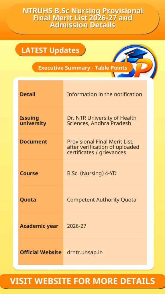 NTRUHS B.Sc Nursing Provisional Final Merit List 2026-27 and Admission Details