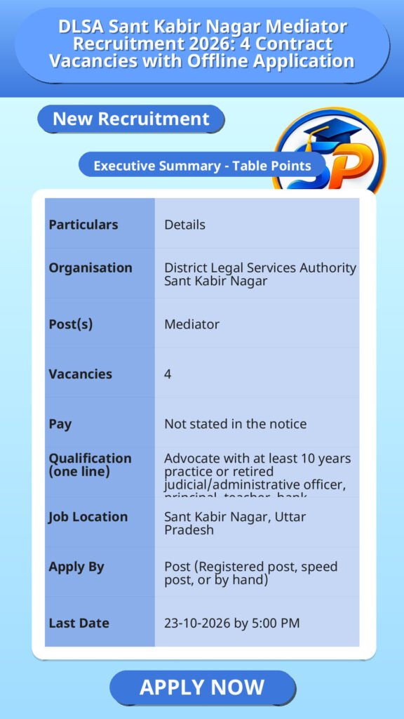 DLSA Sant Kabir Nagar Mediator Recruitment 2026: 4 Contract Vacancies with Offline Application
