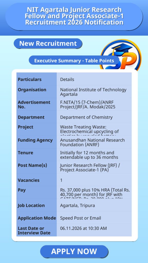 NIT Agartala Junior Research Fellow and Project Associate-1 Recruitment 2026 Notification