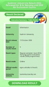 Kashmir University Result 2026 Released for B.Sc Nursing and DDE Re-Evaluation Exams