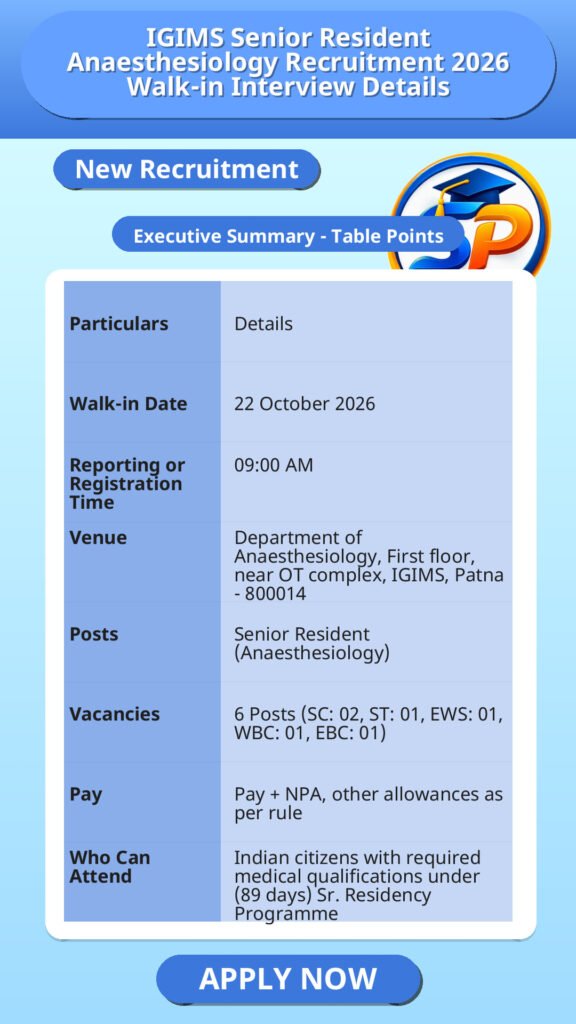 IGIMS Senior Resident Anaesthesiology Recruitment 2026 Walk-in Interview Details
