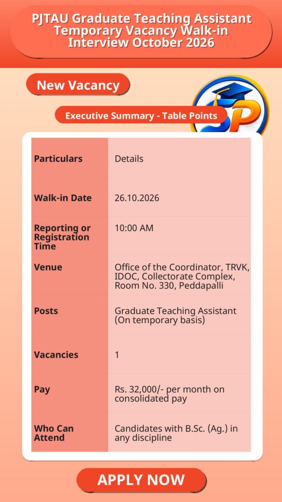 PJTAU Graduate Teaching Assistant Temporary Vacancy Walk-in Interview October 2026