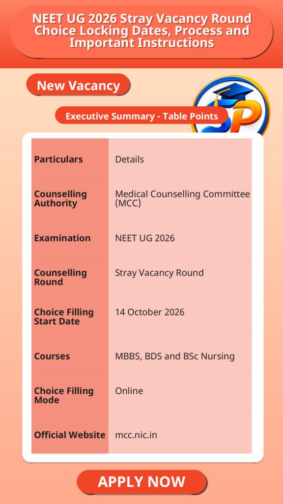 NEET UG 2026 Stray Vacancy Round Choice Locking Dates, Process and Important Instructions