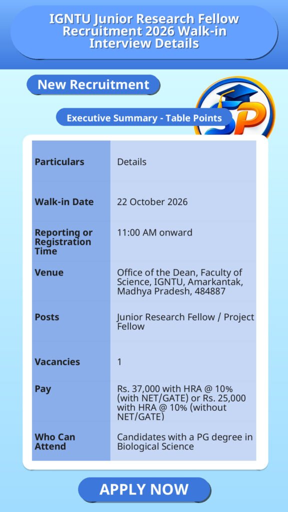 IGNTU Junior Research Fellow Recruitment 2026 Walk-in Interview Details
