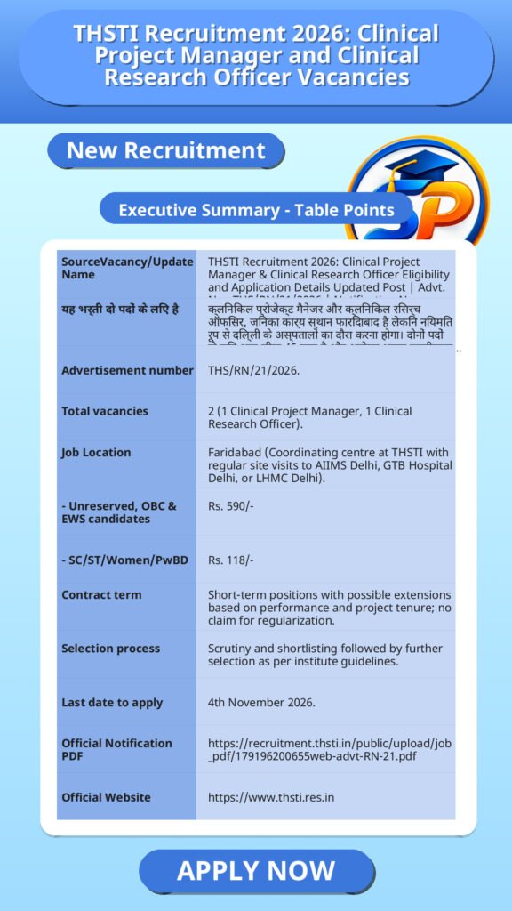 THSTI Recruitment 2026: Clinical Project Manager and Clinical Research Officer Vacancies