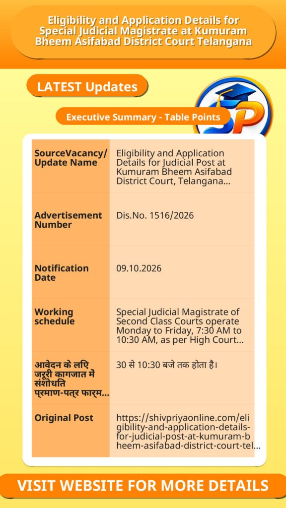 Eligibility and Application Details for Special Judicial Magistrate at Kumuram Bheem Asifabad District Court Telangana