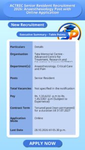 ACTREC Senior Resident Recruitment 2026: Anaesthesiology Post with Online Application