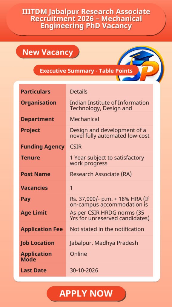 IIITDM Jabalpur Research Associate Recruitment 2026 – Mechanical Engineering PhD Vacancy