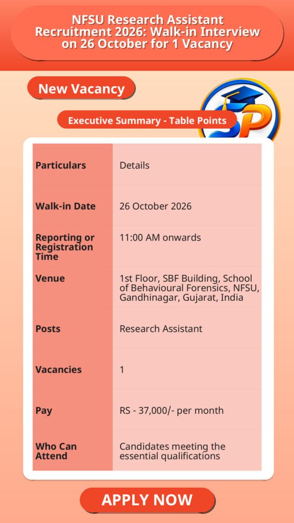 NFSU Research Assistant Recruitment 2026: Walk-in Interview on 26 October for 1 Vacancy