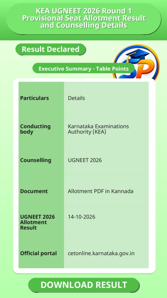 KEA UGNEET 2026 Round 1 Provisional Seat Allotment Result and Counselling Details