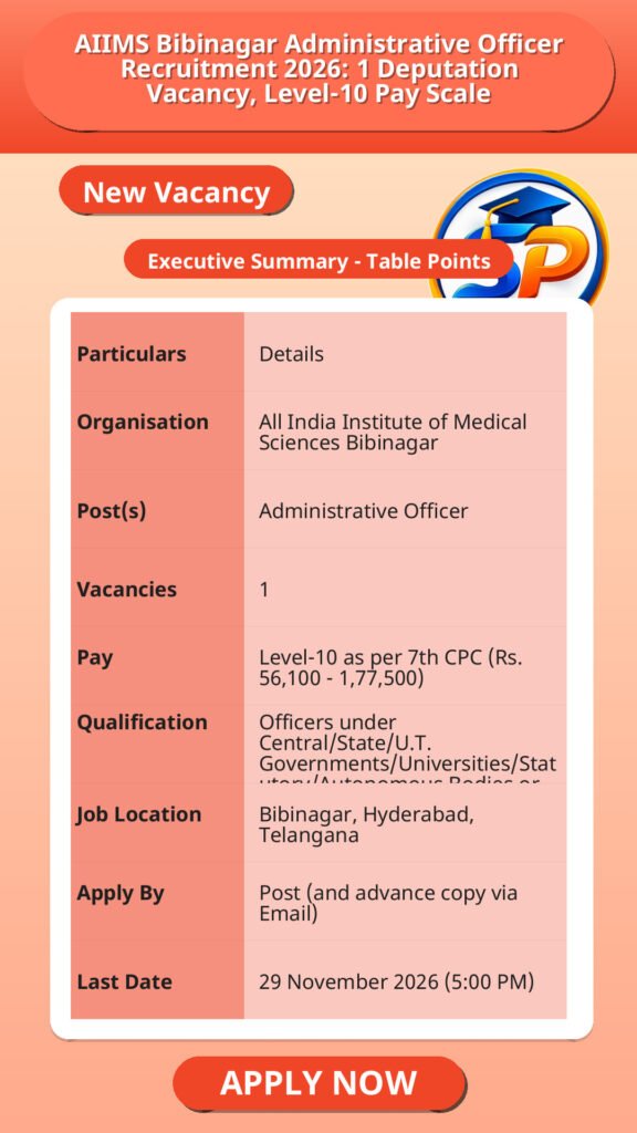 AIIMS Bibinagar Administrative Officer Recruitment 2026: 1 Deputation Vacancy, Level-10 Pay Scale