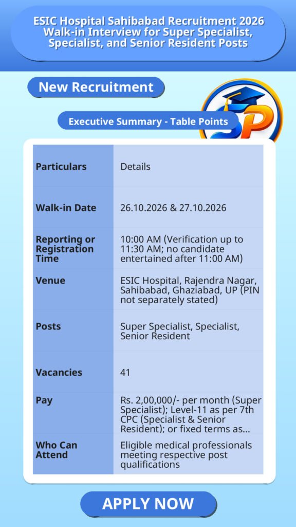 ESIC Hospital Sahibabad Recruitment 2026 Walk-in Interview for Super Specialist, Specialist, and Senior Resident Posts