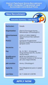 District Panchayat Korea Recruitment 2026: Computer Programmer and Accountant Contractual Posts