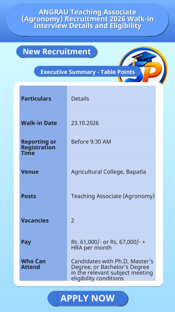 ANGRAU Teaching Associate (Agronomy) Recruitment 2026 Walk-in Interview Details and Eligibility