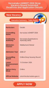 Karnataka UGNEET 2026 Stray Vacancy Round Extended Deadlines and Application Details