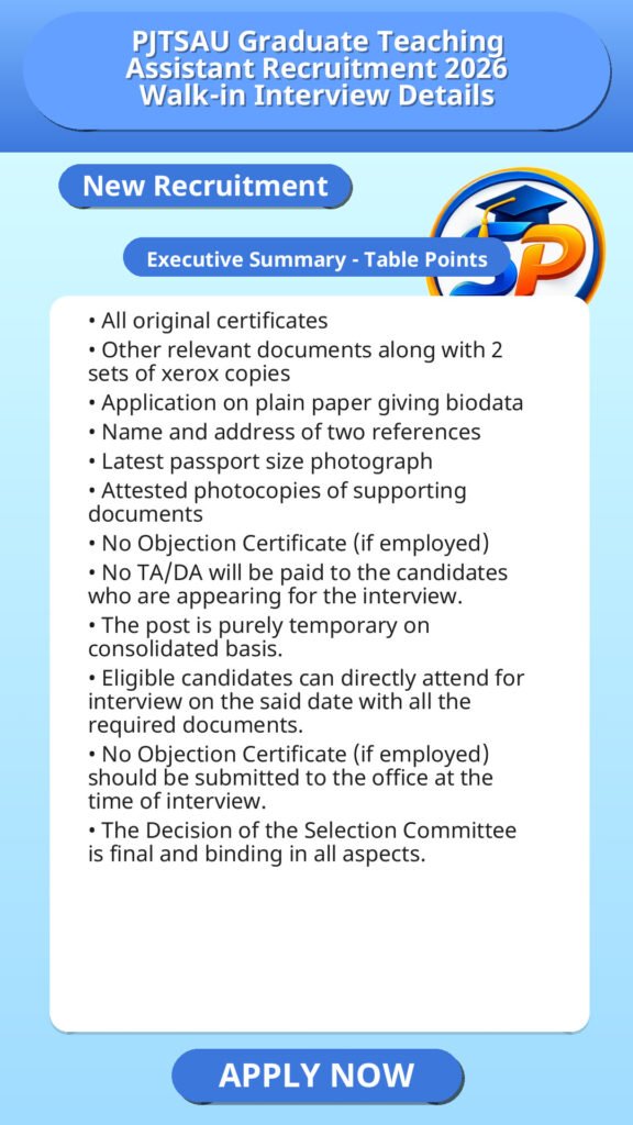 PJTSAU Graduate Teaching Assistant Recruitment 2026 Walk-in Interview Details