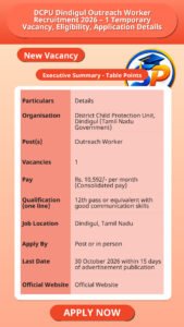 DCPU Dindigul Outreach Worker Recruitment 2026 – 1 Temporary Vacancy, Eligibility, Application Details