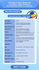 SGPGIMS Project Research Scientist I (Non-Medical) Recruitment 2026 in Lucknow