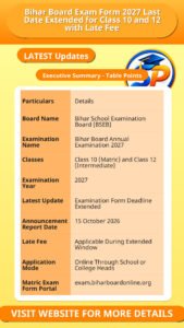 Bihar Board Exam Form 2027 Last Date Extended for Class 10 and 12 with Late Fee