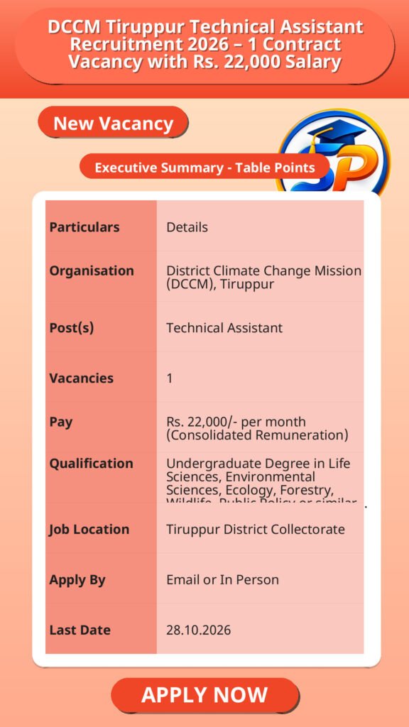 DCCM Tiruppur Technical Assistant Recruitment 2026 – 1 Contract Vacancy with Rs. 22,000 Salary