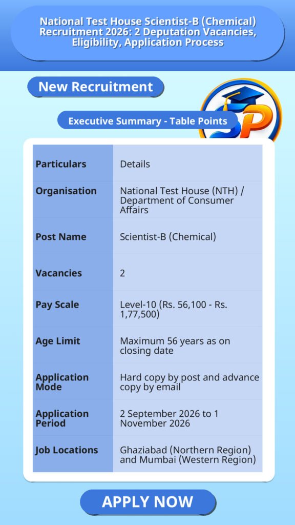 National Test House Scientist-B (Chemical) Recruitment 2026: 2 Deputation Vacancies, Eligibility, Application Process