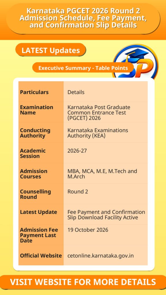 Karnataka PGCET 2026 Round 2 Admission Schedule, Fee Payment, and Confirmation Slip Details