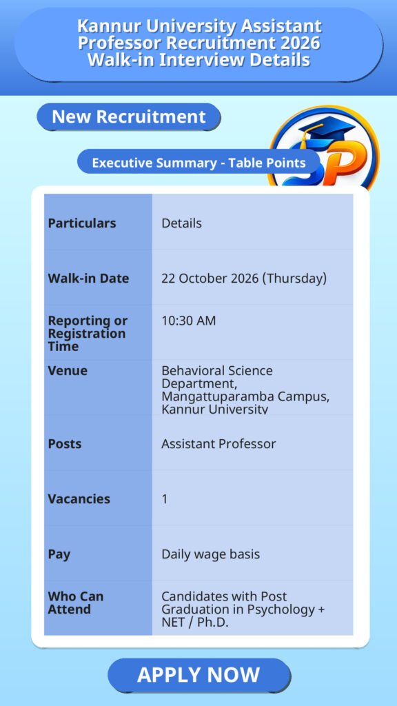 Kannur University Assistant Professor Recruitment 2026 Walk-in Interview Details