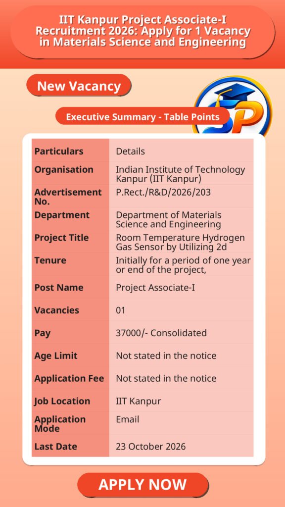 IIT Kanpur Project Associate-I Recruitment 2026: Apply for 1 Vacancy in Materials Science and Engineering