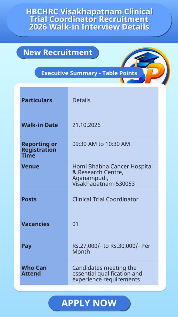HBCHRC Visakhapatnam Clinical Trial Coordinator Recruitment 2026 Walk-in Interview Details