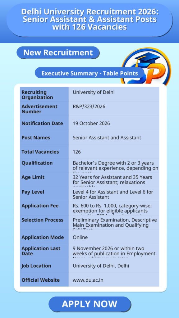 Delhi University Recruitment 2026: Senior Assistant & Assistant Posts with 126 Vacancies
