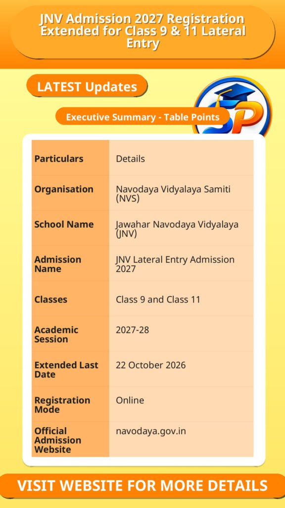 JNV Admission 2027 Registration Extended for Class 9 & 11 Lateral Entry