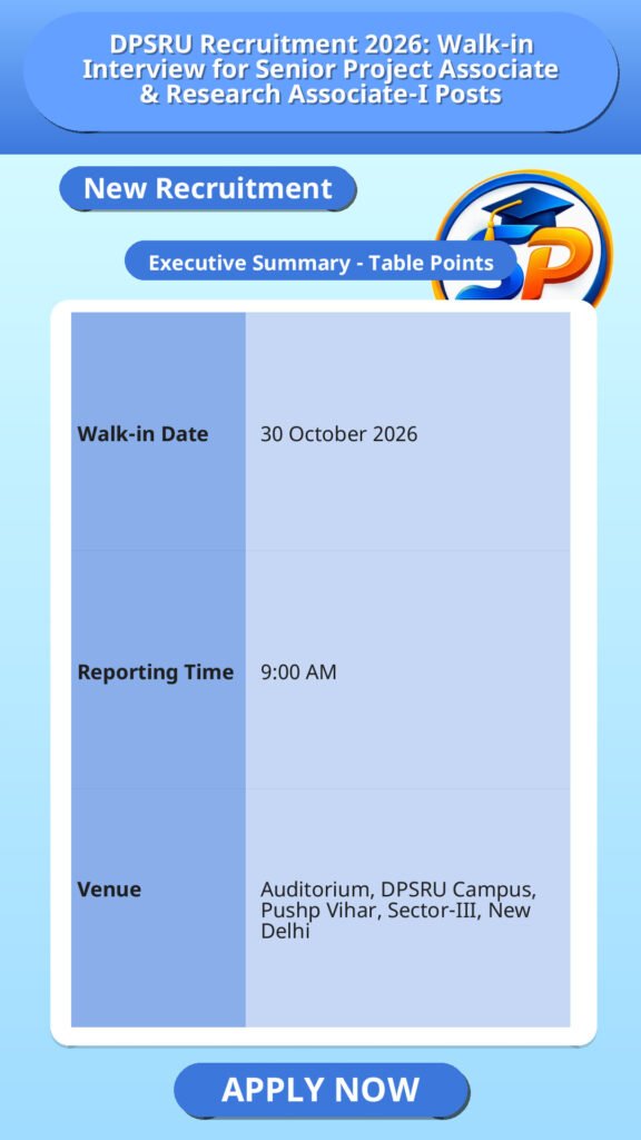 DPSRU Recruitment 2026: Walk-in Interview for Senior Project Associate & Research Associate-I Posts