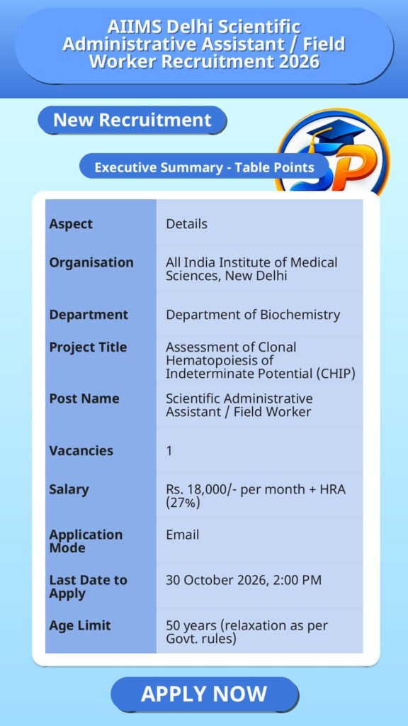 AIIMS Delhi Scientific Administrative Assistant / Field Worker Recruitment 2026