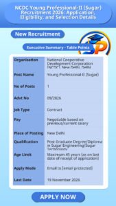 NCDC Young Professional-II (Sugar) Recruitment 2026: Application, Eligibility, and Selection Details