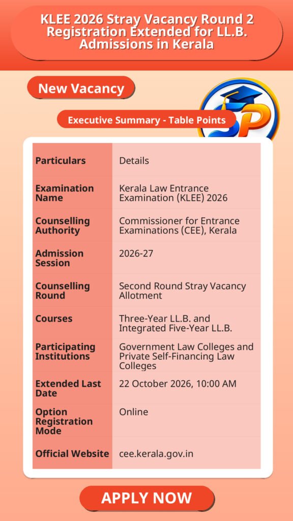 KLEE 2026 Stray Vacancy Round 2 Registration Extended for LL.B. Admissions in Kerala