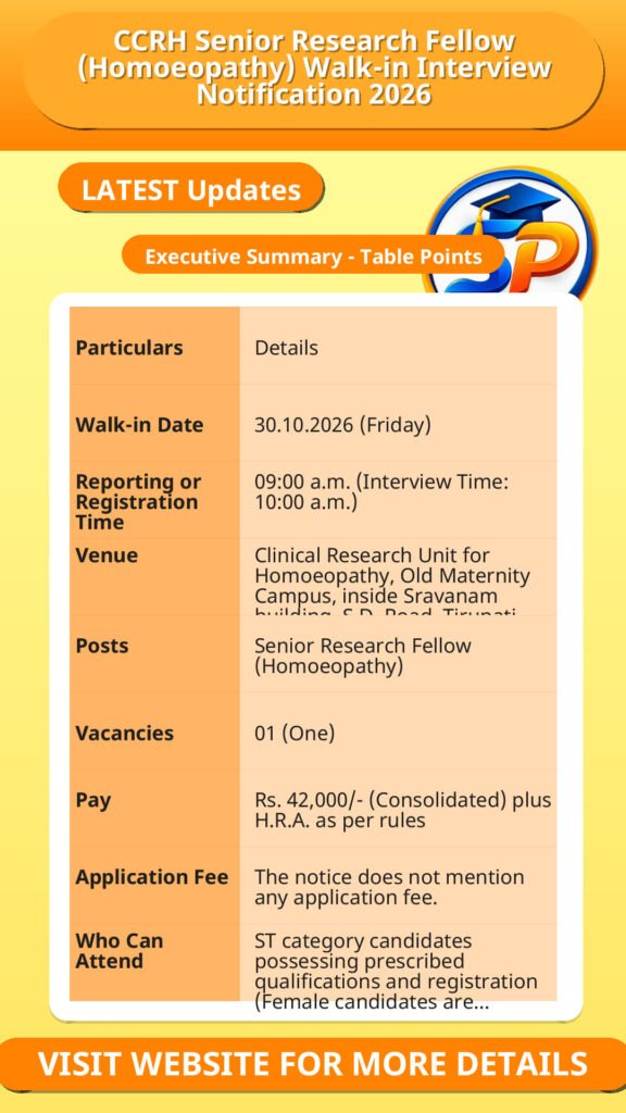 CCRH Senior Research Fellow (Homoeopathy) Walk-in Interview Notification 2026