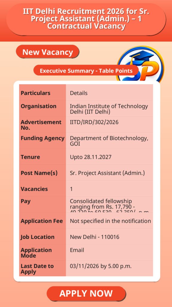 IIT Delhi Recruitment 2026 for Sr. Project Assistant (Admin.) – 1 Contractual Vacancy