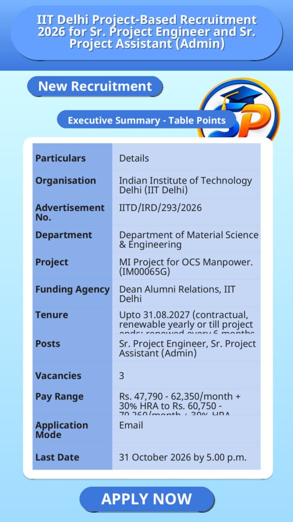 IIT Delhi Project-Based Recruitment 2026 for Sr. Project Engineer and Sr. Project Assistant (Admin)