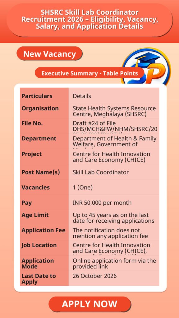 SHSRC Skill Lab Coordinator Recruitment 2026 – Eligibility, Vacancy, Salary, and Application Details