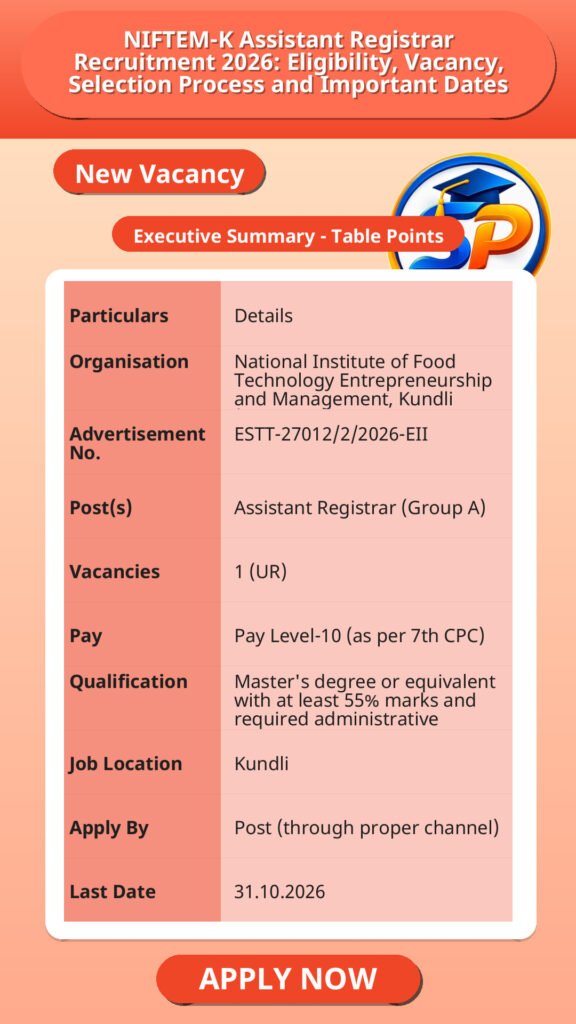 NIFTEM-K Assistant Registrar Recruitment 2026: Eligibility, Vacancy, Selection Process and Important Dates