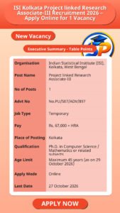 ISI Kolkata Project linked Research Associate-III Recruitment 2026 – Apply Online for 1 Vacancy