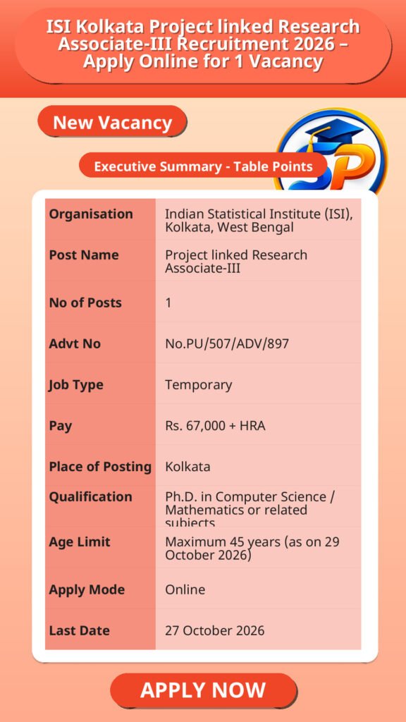 ISI Kolkata Project linked Research Associate-III Recruitment 2026 – Apply Online for 1 Vacancy