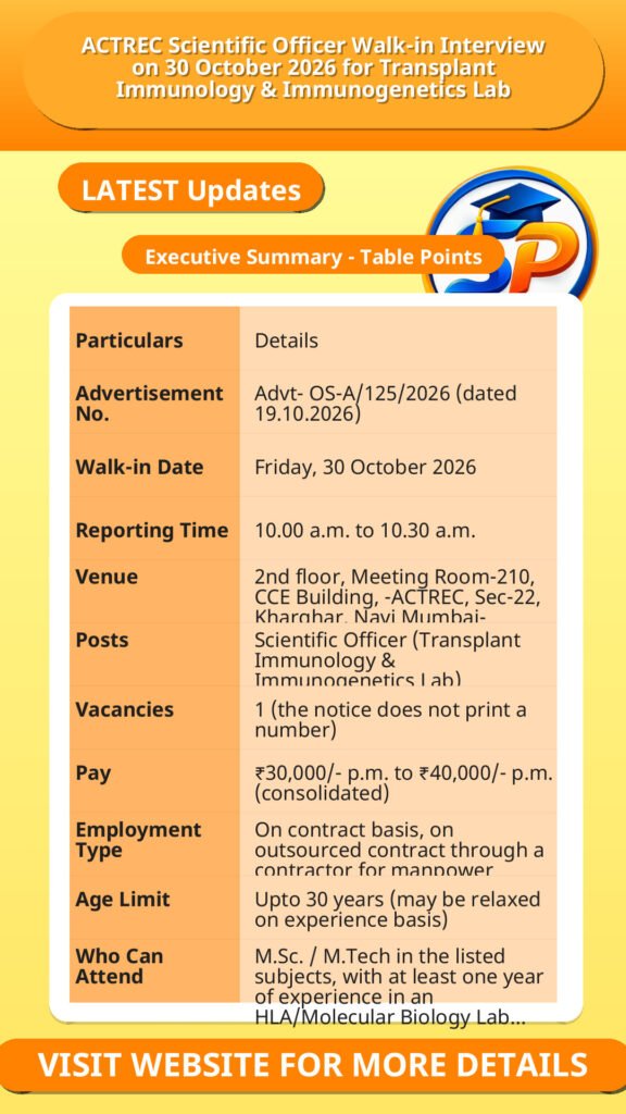 ACTREC Scientific Officer Walk-in Interview on 30 October 2026 for Transplant Immunology & Immunogenetics Lab