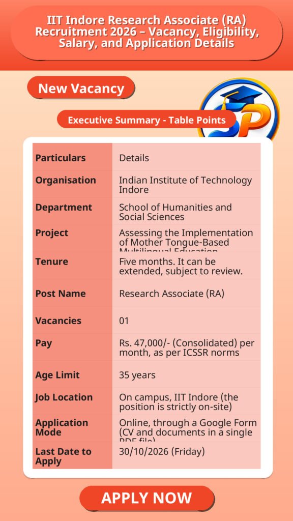 IIT Indore Research Associate (RA) Recruitment 2026 – Vacancy, Eligibility, Salary, and Application Details
