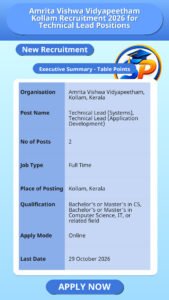 Amrita Vishwa Vidyapeetham Kollam Recruitment 2026 for Technical Lead Positions