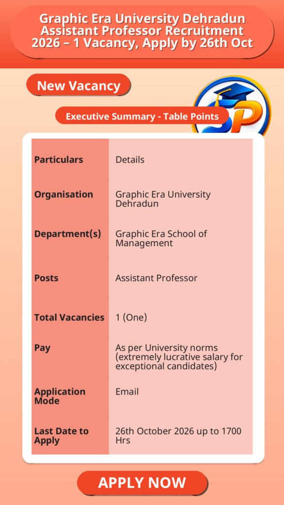 Graphic Era University Dehradun Assistant Professor Recruitment 2026 – 1 Vacancy, Apply by 26th Oct