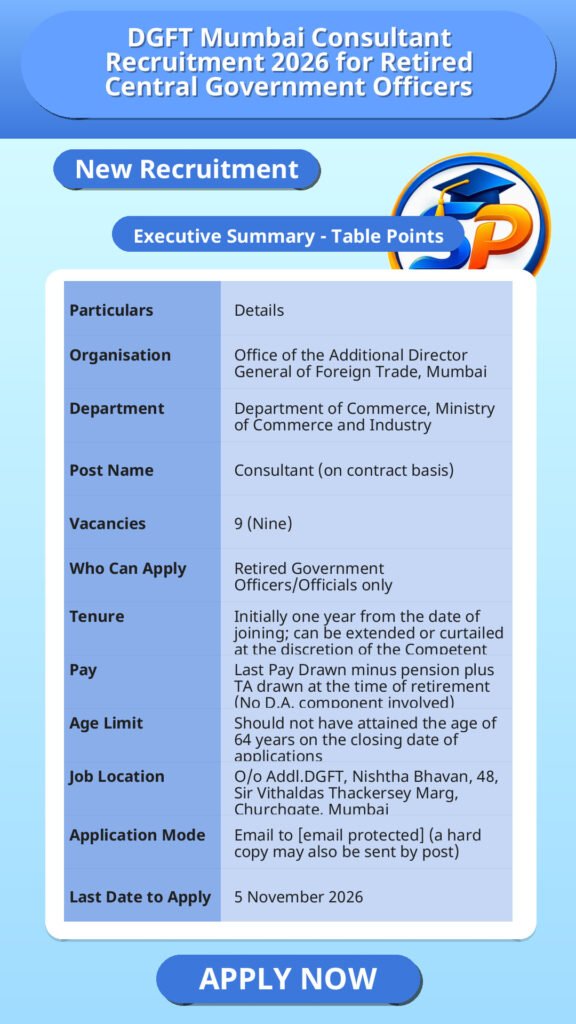 DGFT Mumbai Consultant Recruitment 2026 for Retired Central Government Officers