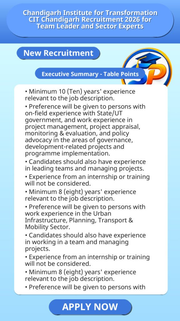 Chandigarh Institute for Transformation CIT Chandigarh Recruitment 2026 for Team Leader and Sector Experts