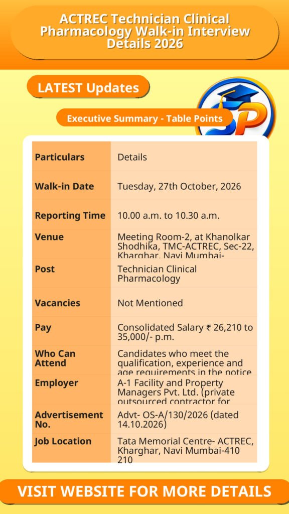 ACTREC Technician Clinical Pharmacology Walk-in Interview Details 2026